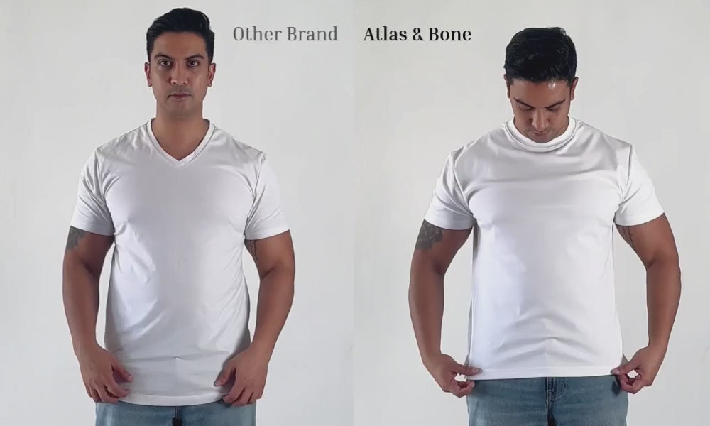 Load video: Before and after comparison of a generic brand's white t-shirt  versus Atlas &amp; Bone's white t-shirt fit