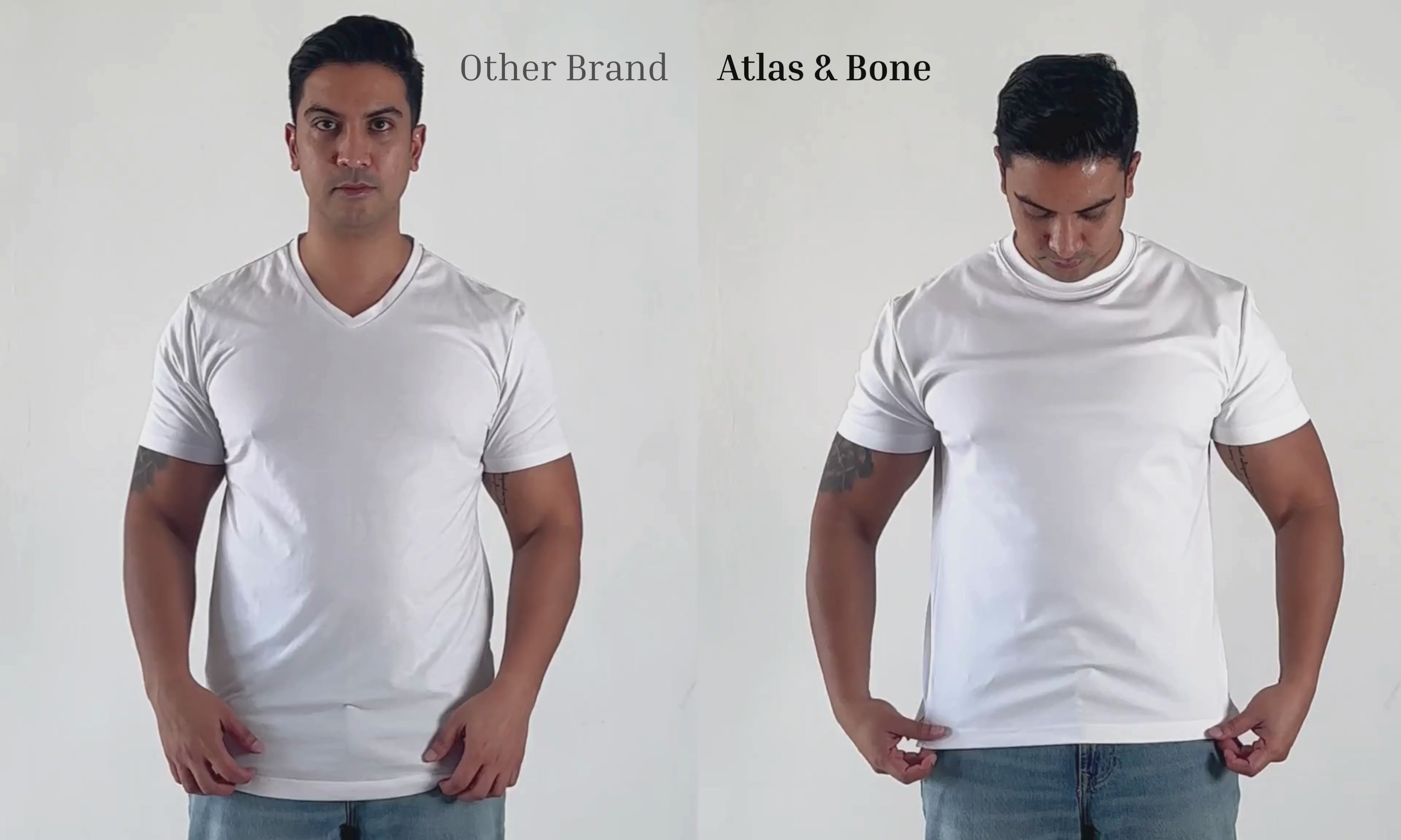 Load video: Before and after comparison of a generic brand's white t-shirt  versus Atlas &amp; Bone's white t-shirt fit