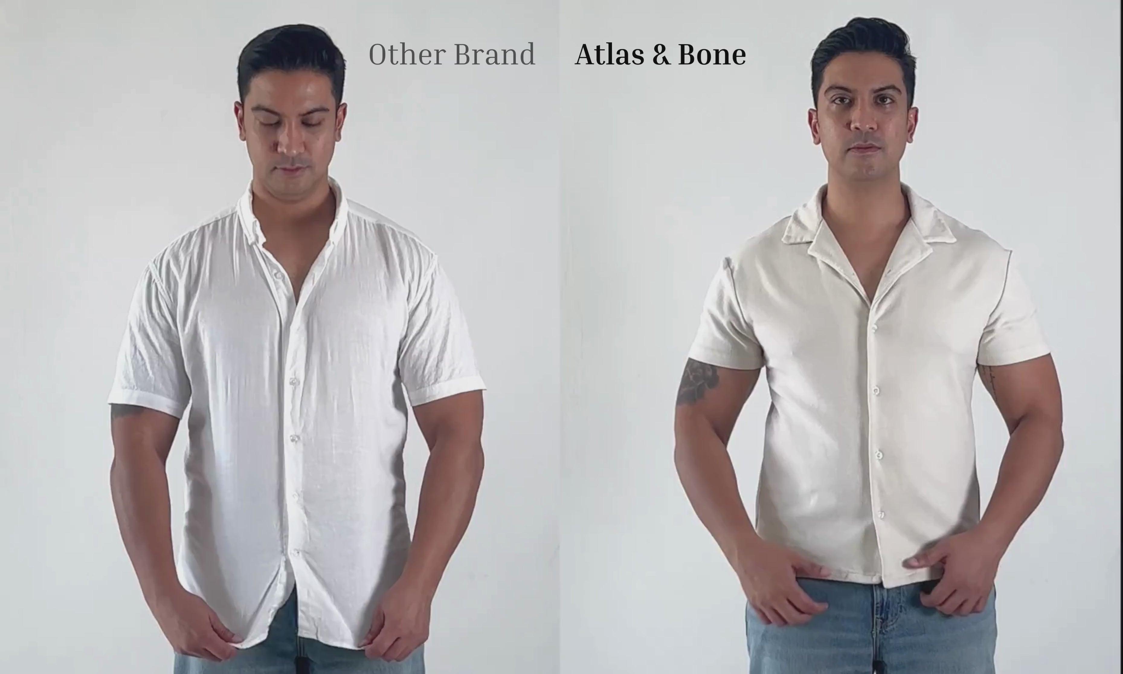 Load video: Fit comparison video of generic brand's shirt versus Atlas &amp; Bone's shirt